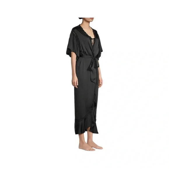 Free People Moonbeams Lace  Trim Satin Robe | Black | Size Small | NWT - Picture 3 of 10